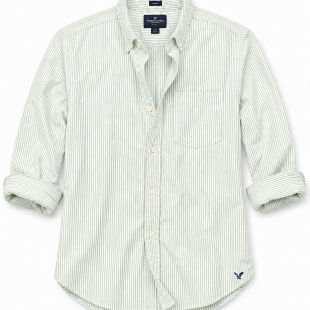 American Eagle Mens Green Striped Button Up Shirt Slim Fit Large Pinstripe L